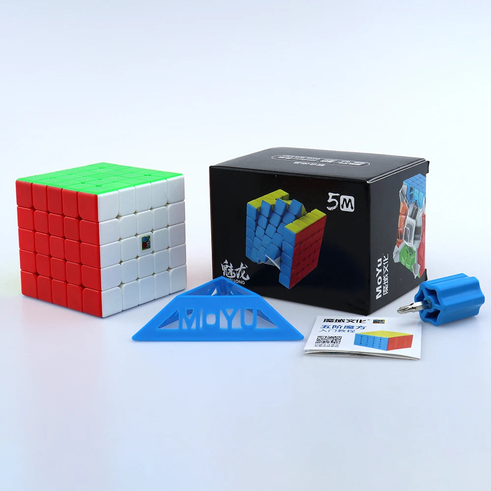 A black box containing a MoYu Meilong Magnetic Speed Cube set with red and white cubes and an instruction sheet.