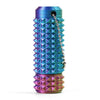 A vibrant blue and purple spiky sensory fidget roller with a chain attached.