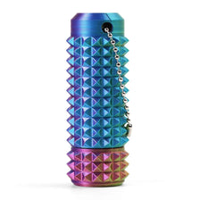 A vibrant blue and purple spiky sensory fidget roller with a chain attached.