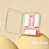 Mini Pink lint roller with three refills displayed in a clear plastic container.
