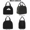 Multiple angles of a black embroidered corduroy insulated lunch bag for kids