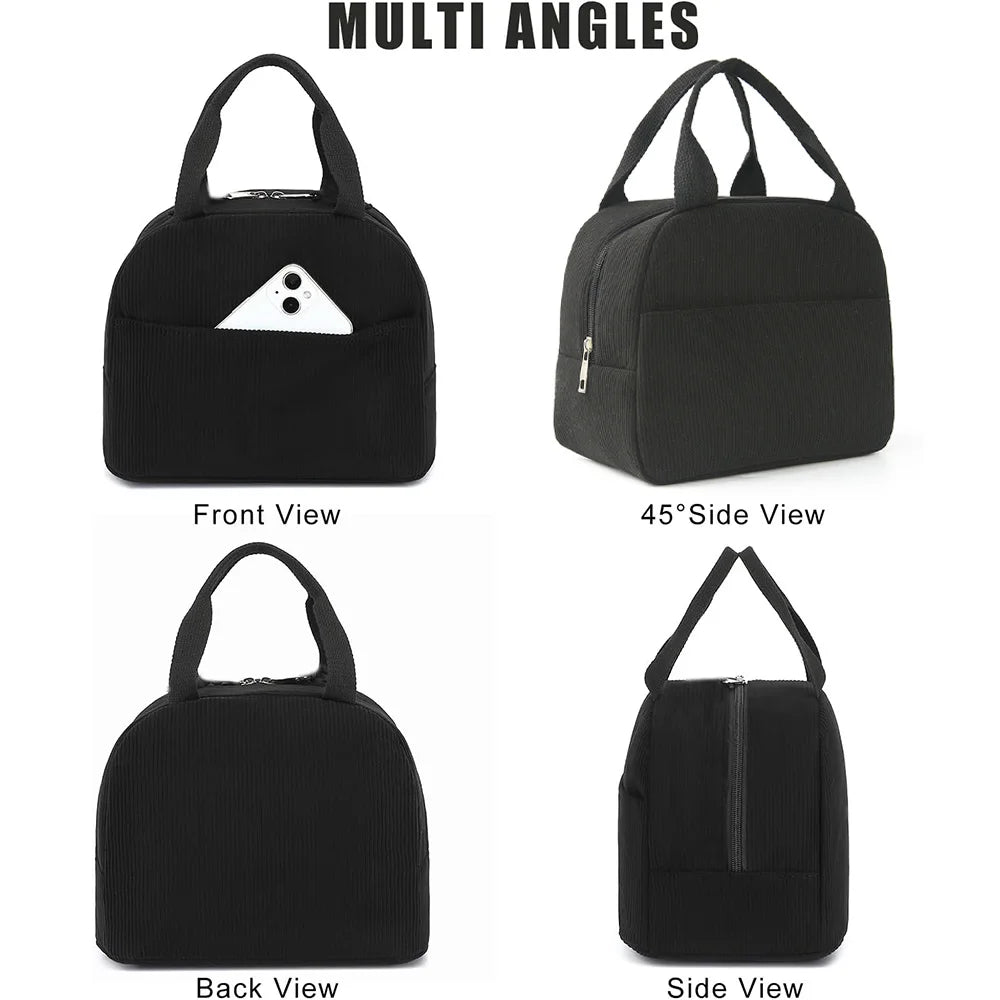 Multiple angles of a black embroidered corduroy insulated lunch bag for kids