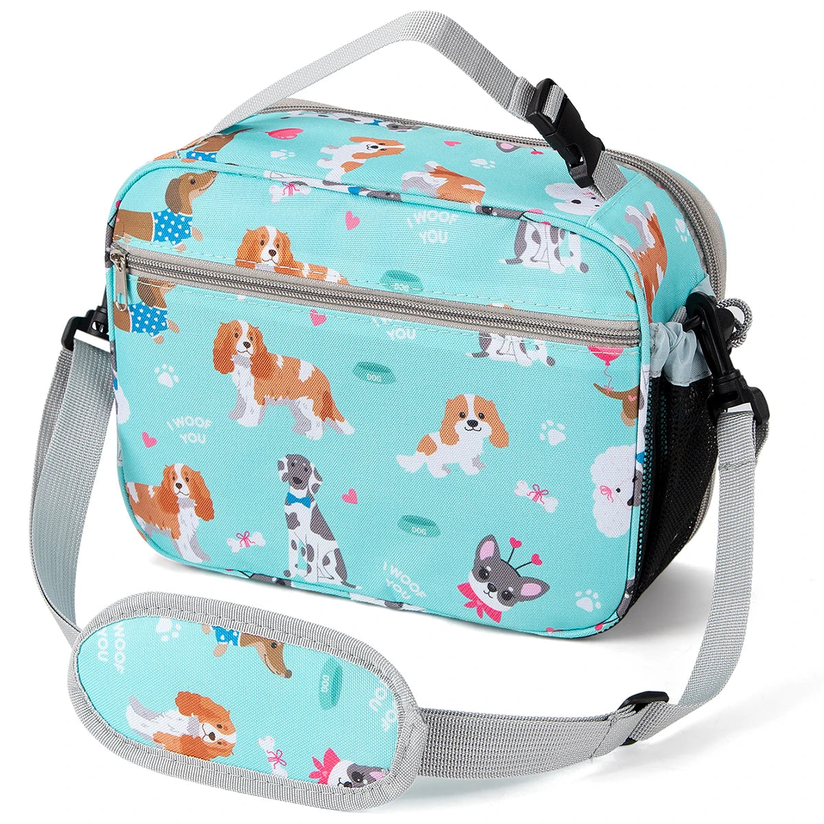 A teal insulated lunch bag featuring cartoon dog illustrations and a gray adjustable shoulder strap.