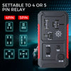 A gray electronic device is shown with options for 4-pin or 5-pin relay testing, featuring test buttons and power switch.