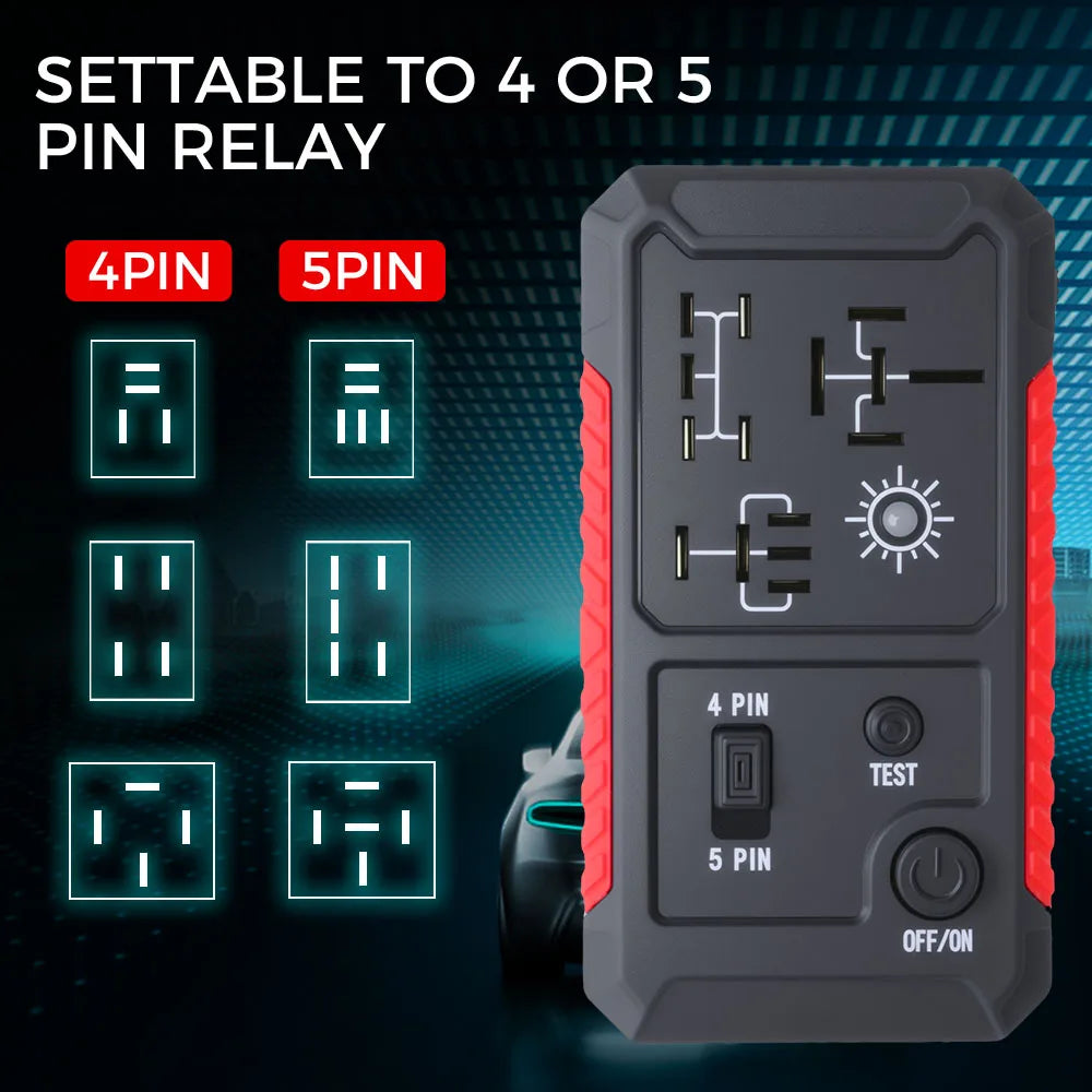 A gray electronic device is shown with options for 4-pin or 5-pin relay testing, featuring test buttons and power switch.