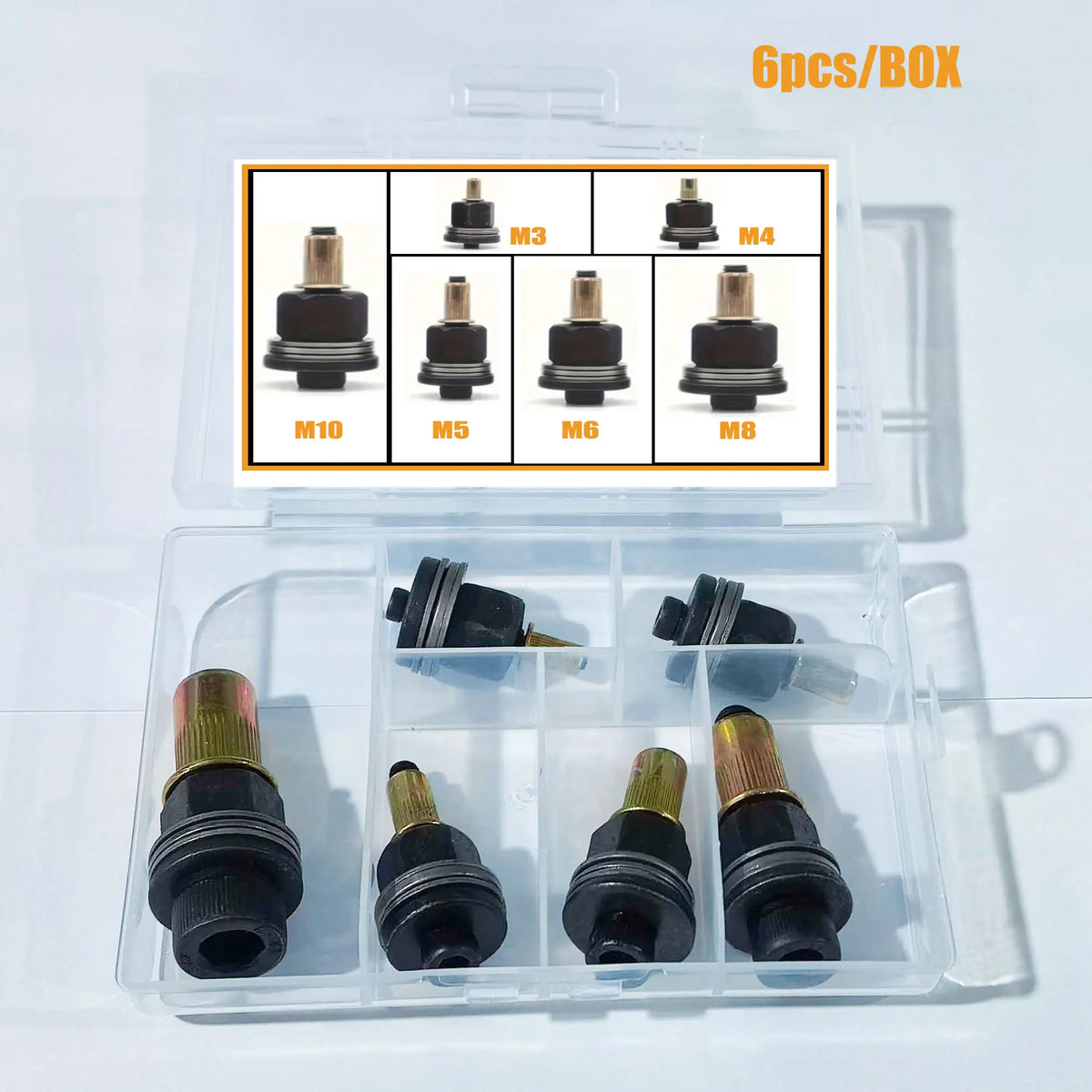 A clear plastic box containing six interchangeable manual rivet nut tools with M3 to M10 heads.