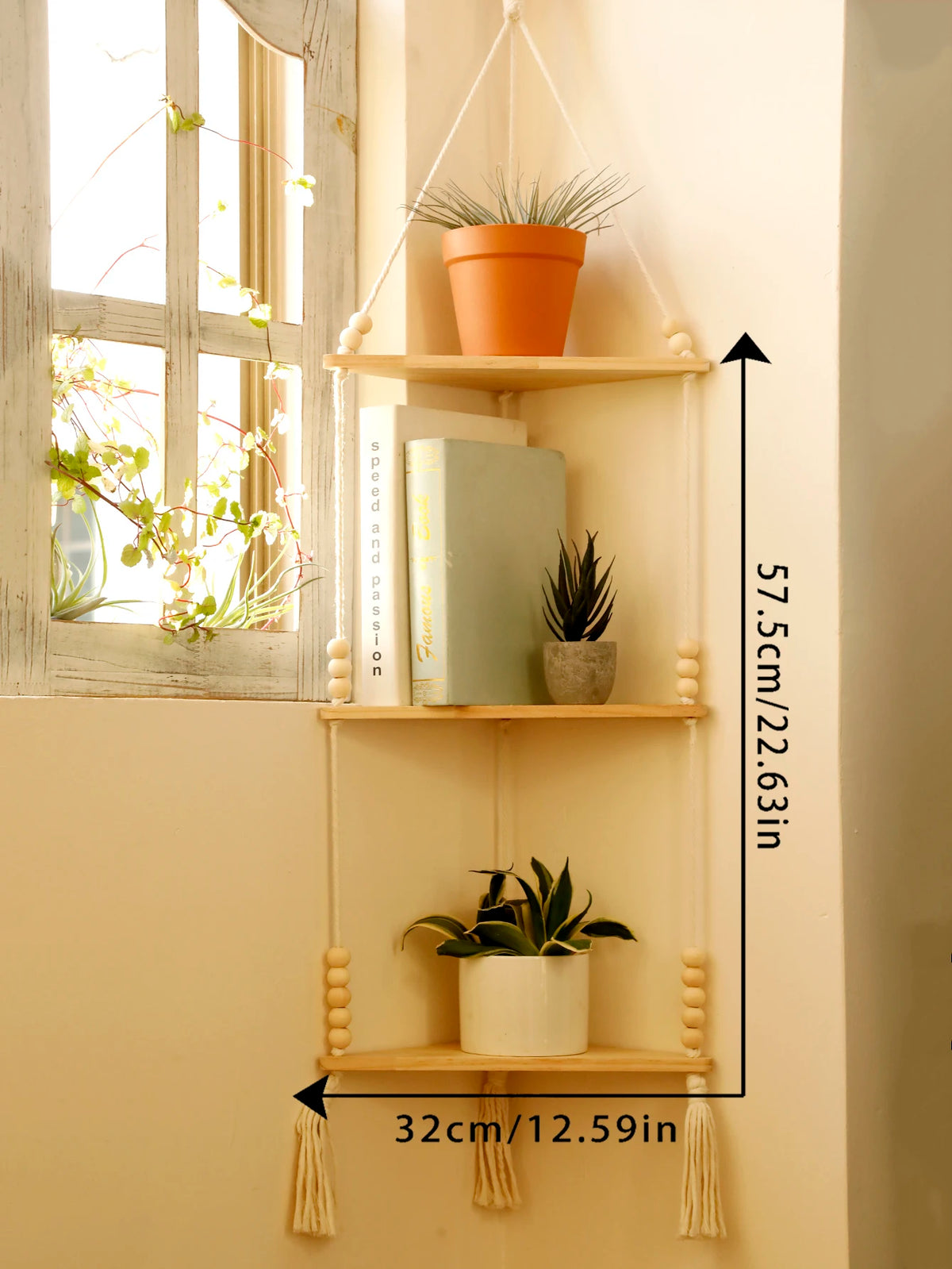 Triangle Wood Floating Wall Shelf with Macrame Rope