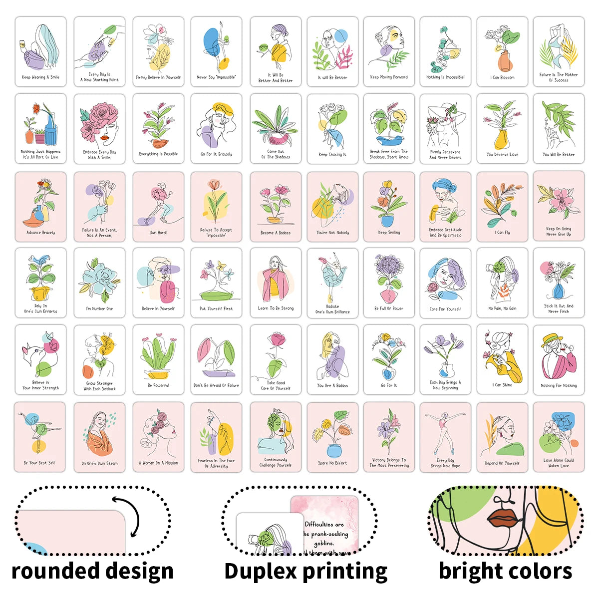 Ein Set inspirierender Affirmationskarten mit verschiedenen Illustrationen und leuchtenden Farben.