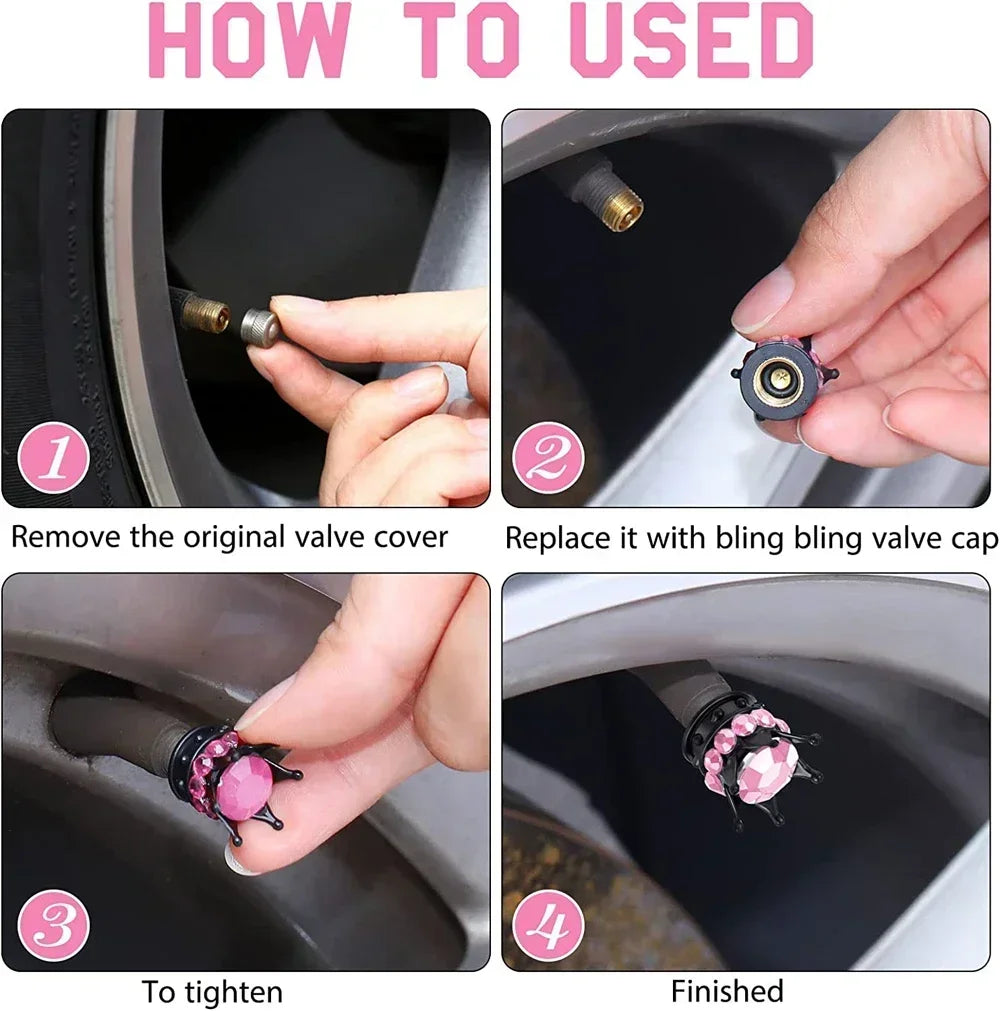 Crystal Crown Tire Valve Caps - Set of 4