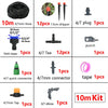 A collection of various drip irrigation components including hoses, plugs, drippers, connectors, and taps for a DIY kit.