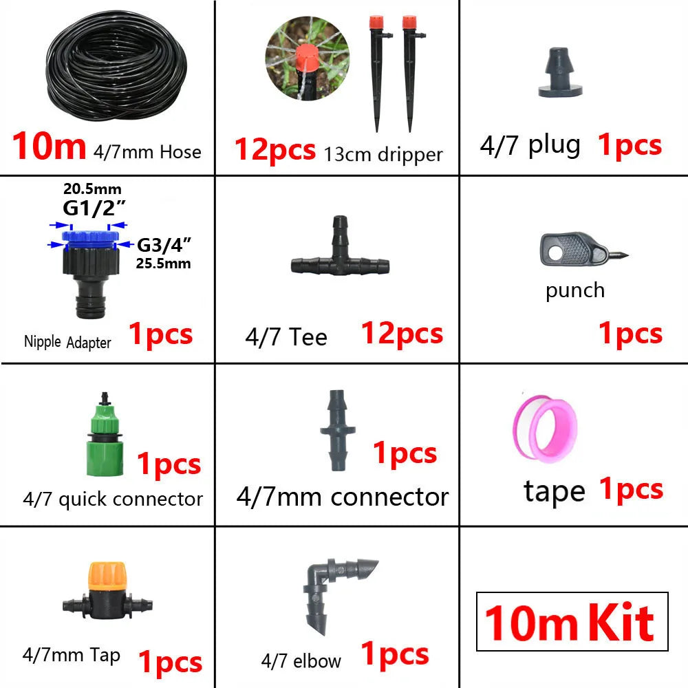 A collection of various drip irrigation components including hoses, plugs, drippers, connectors, and taps for a DIY kit.