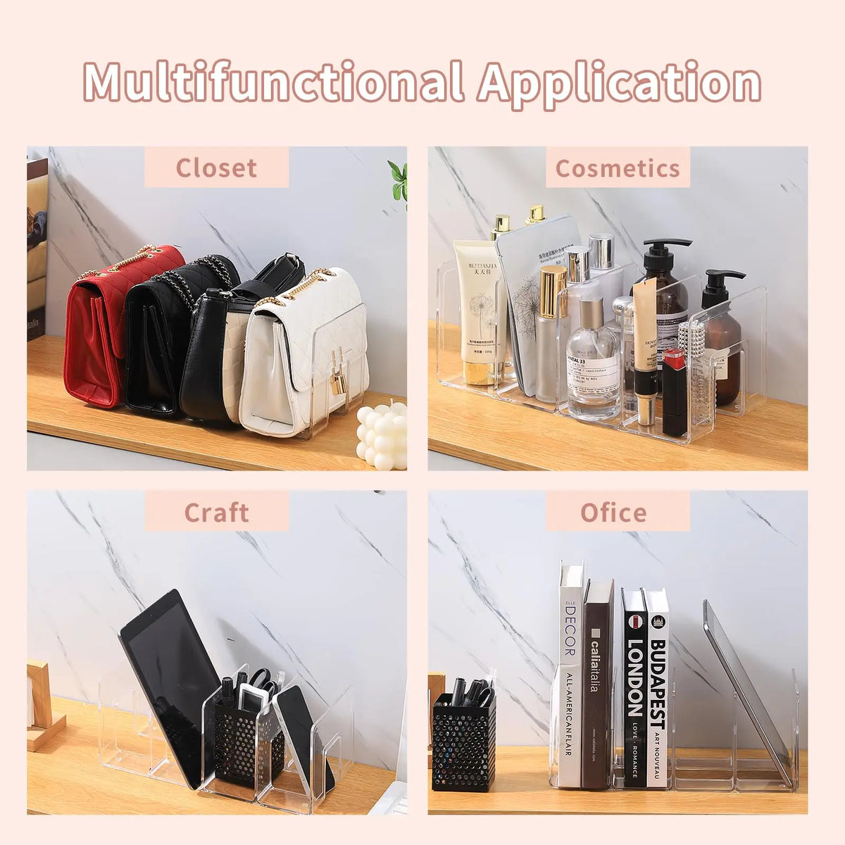 Clear 4-Section Purse Organizer for Closet, Shelf, or Display