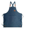 Dark blue oil-proof canvas apron with utility pockets and leather straps