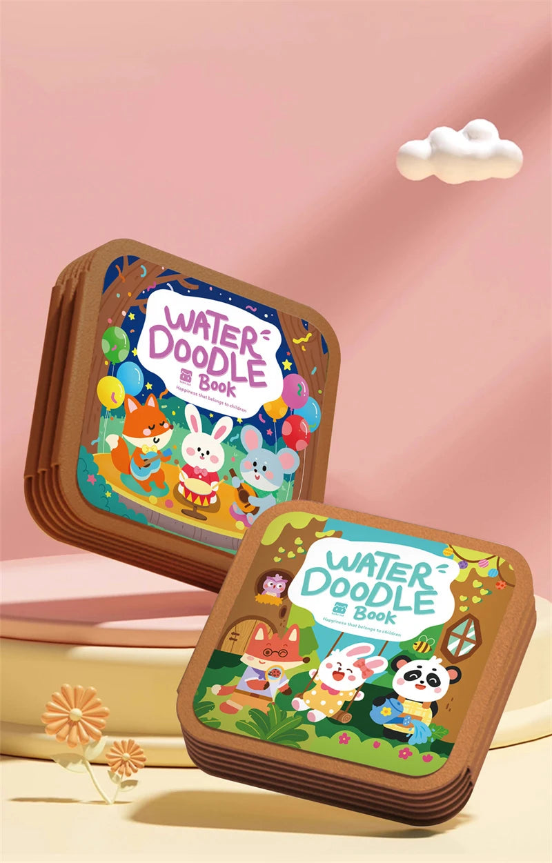 Ein braches wiederverwendbares Wasser-Doodle-Buch mit farbenfrohen Illustrationen von Tieren und Natur.