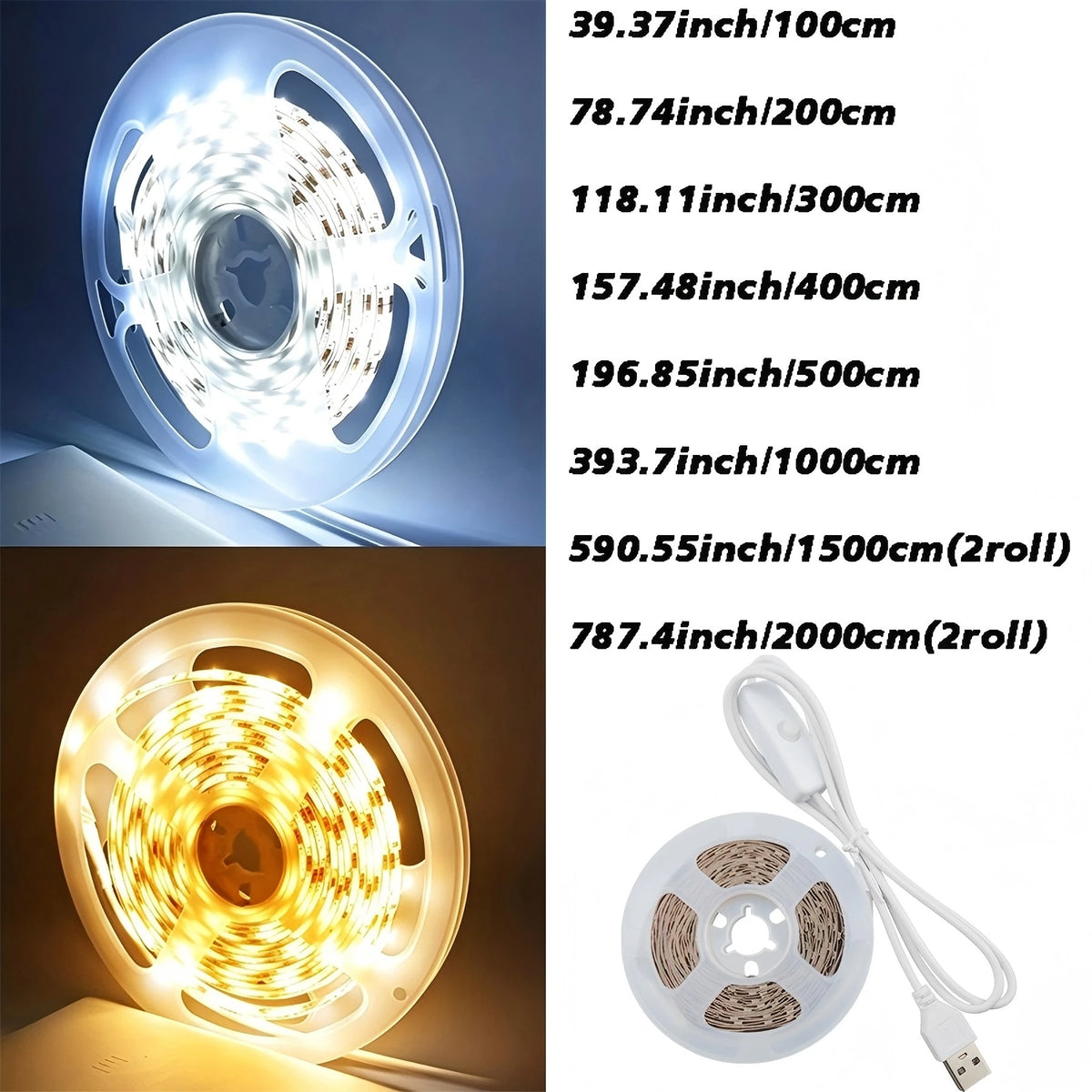 A dual-color USB LED light strip with a built-in switch is shown in various lengths and configurations.