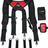 Black magnetic tool belt suspenders with phone holders and a red pouch