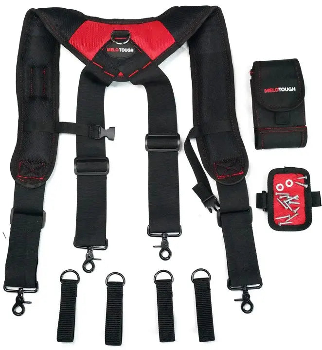 Black magnetic tool belt suspenders with phone holders and a red pouch