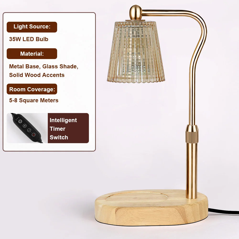 A gold-toned floor lamp with a clear glass shade and wooden base, featuring a 35W LED bulb.
