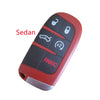 A red key fob shell replacement for a sedan, featuring buttons for lock, unlock, and panic functions.