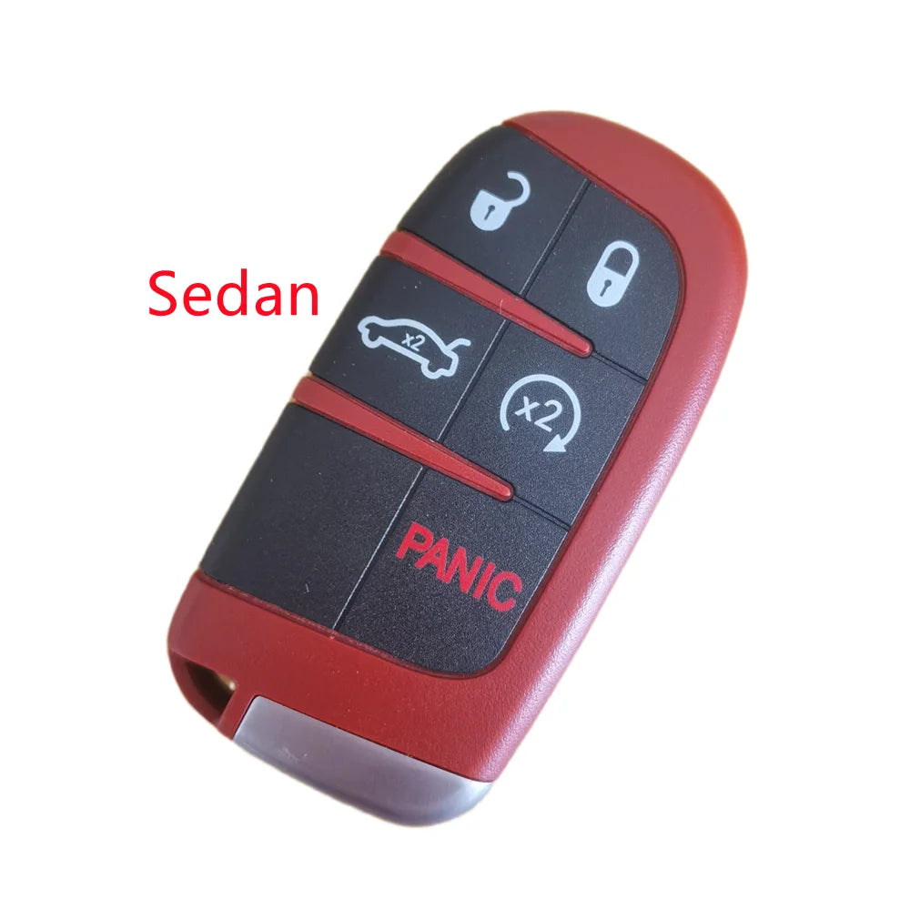 A red key fob shell replacement for a sedan, featuring buttons for lock, unlock, and panic functions.