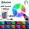A Bluetooth RGB LED strip light is shown controlling a fan with 24 keys, demonstrating app control and various color modes.
