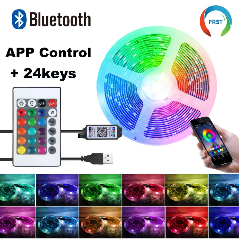 A Bluetooth RGB LED strip light is shown controlling a fan with 24 keys, demonstrating app control and various color modes.