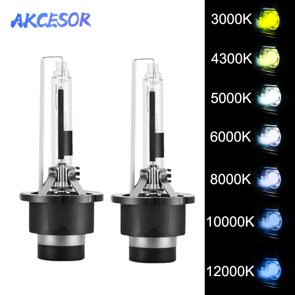 A pair of HID Xenon headlight bulbs with various color temperatures displayed next to a scale.
