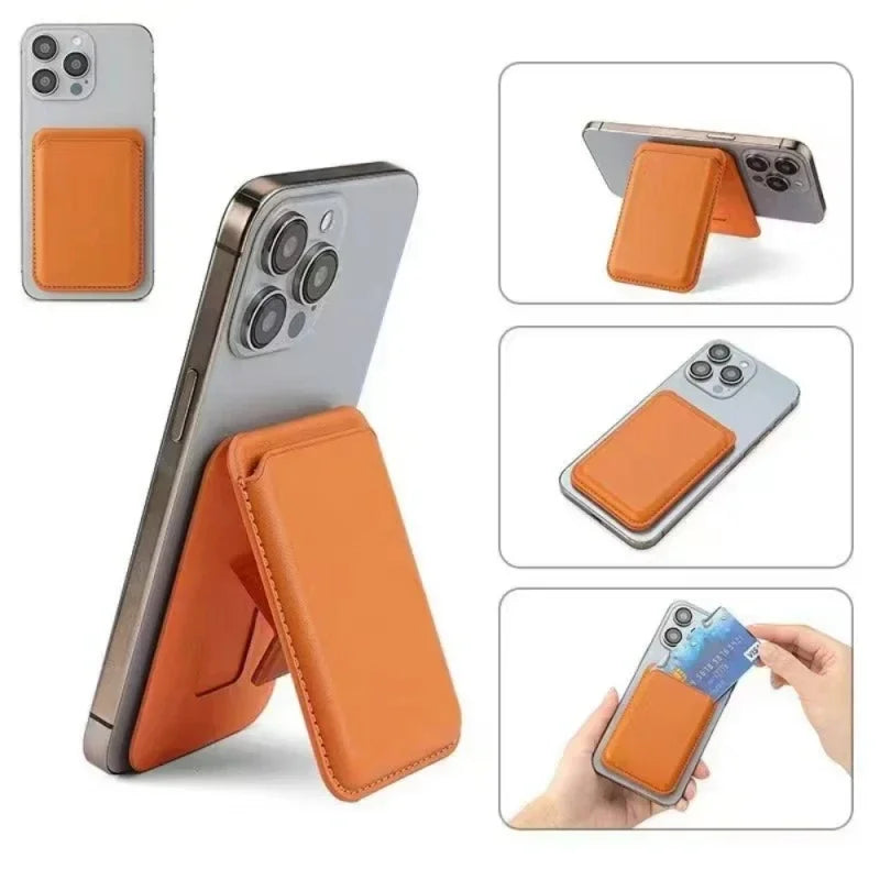 A magnetic leather wallet case with a kickstand for iPhone models, shown in various angles and colors.