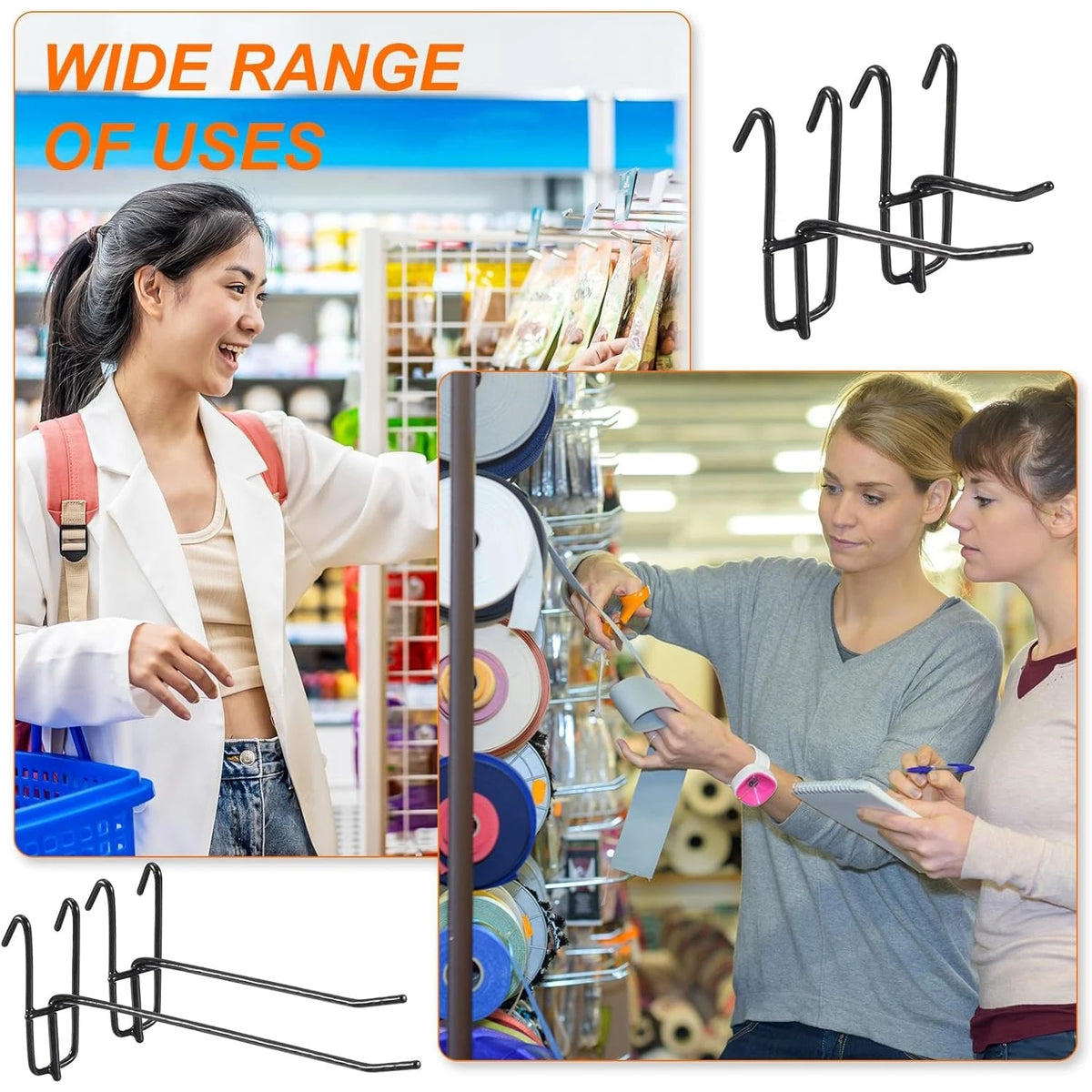 A set of heavy duty black grid hooks used for display and organization, shown in various contexts.