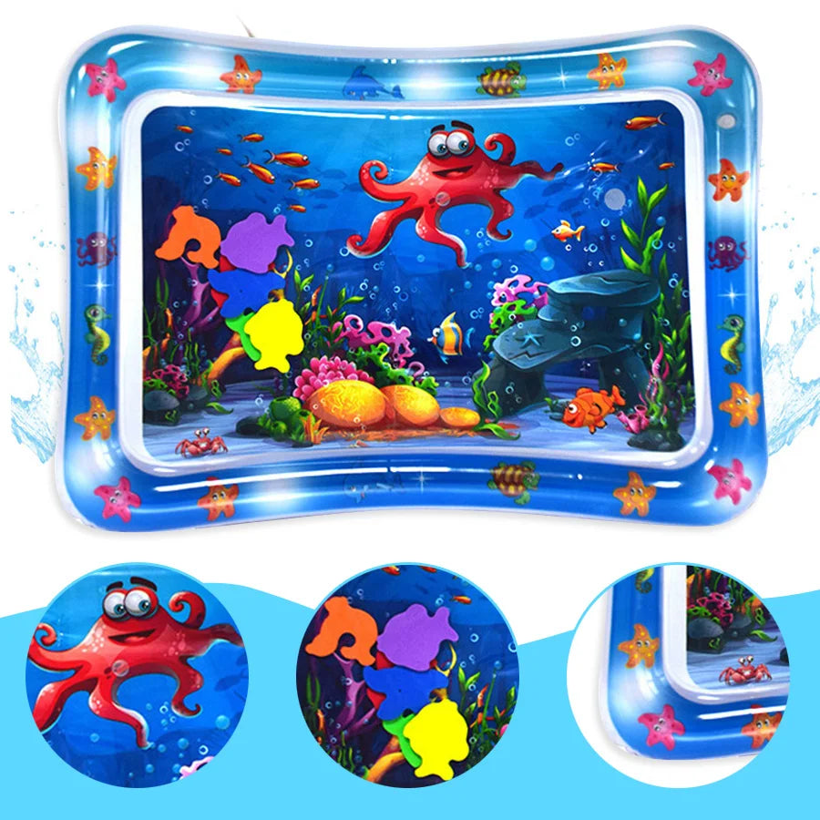 A blue inflatable baby water play mat filled with floating toys and colorful aquatic life.