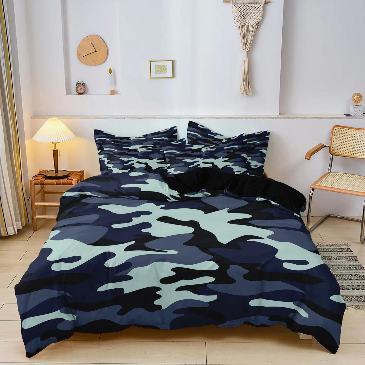 Blue-Black Camouflage Duvet Cover Set with Two Pillowcases