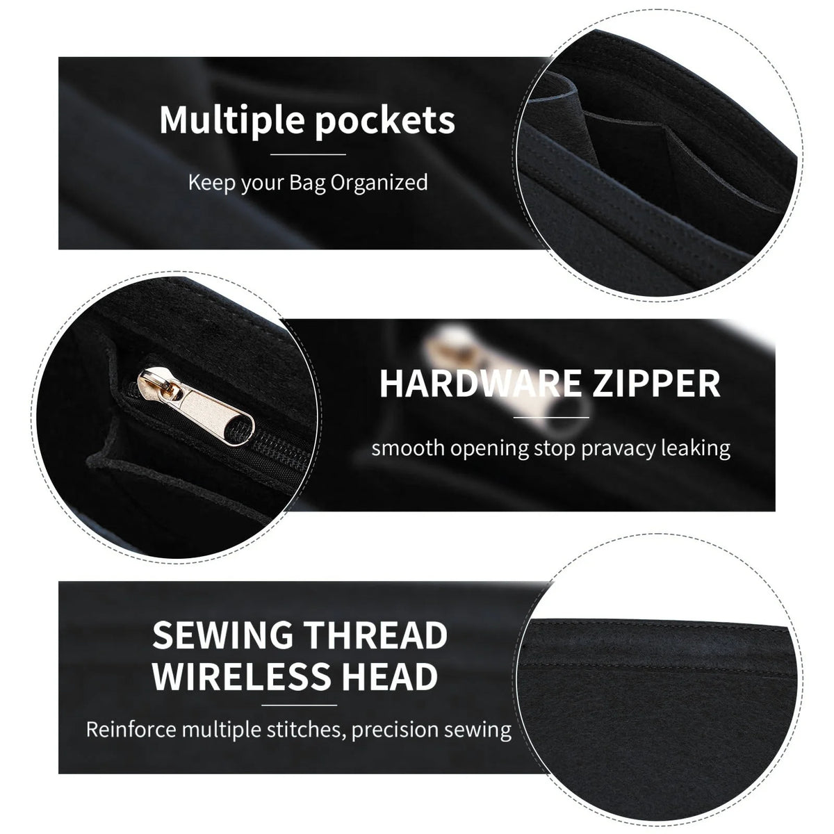 Close-up view of a black felt purse organizer insert showing multiple pockets, hardware zipper, and reinforced stitching.