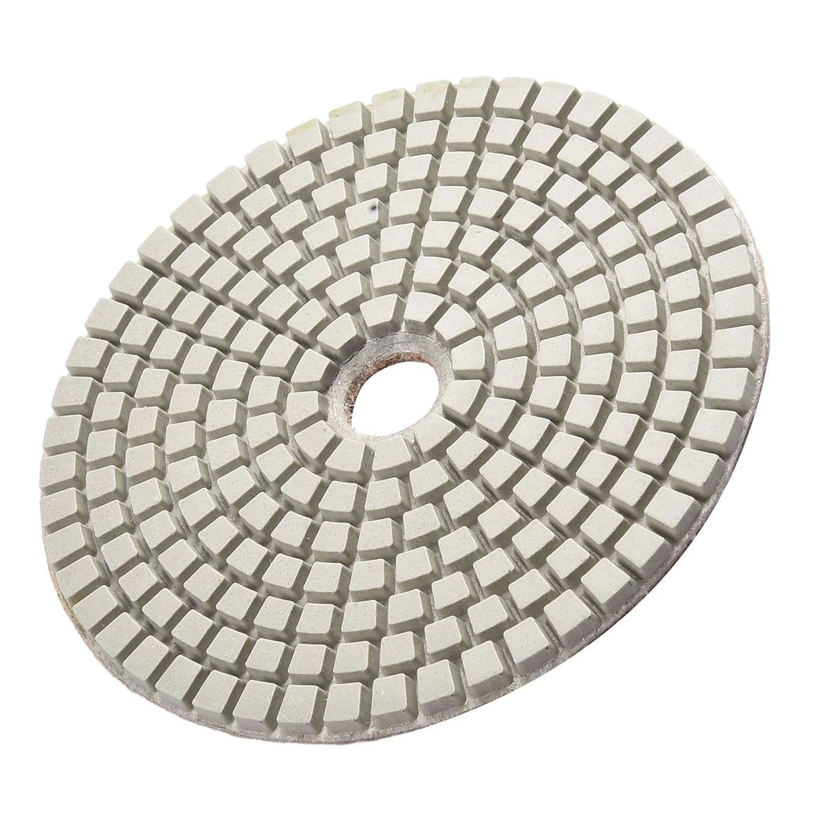 A circular diamond polishing pad with a grid pattern for stone and concrete work.