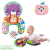 A baby tummy time pillow play mat with colorful rattle toys and a bear-themed plush toy.
