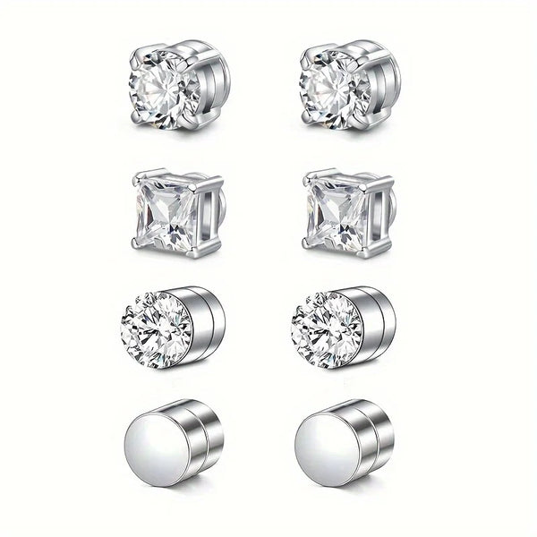 Un set de pendientes de punk magnéticos de acero inoxidable en formas de diamantes transparentes y plateadas.