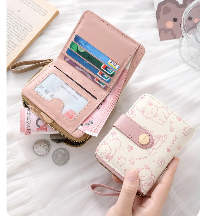 Cute Cat Face PU Leather Coin Purse with Wrist Strap