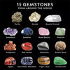 A collection of fifteen gemstones including pyrite, amethyst, quartz crystal, and various colored stones for a dig kit.