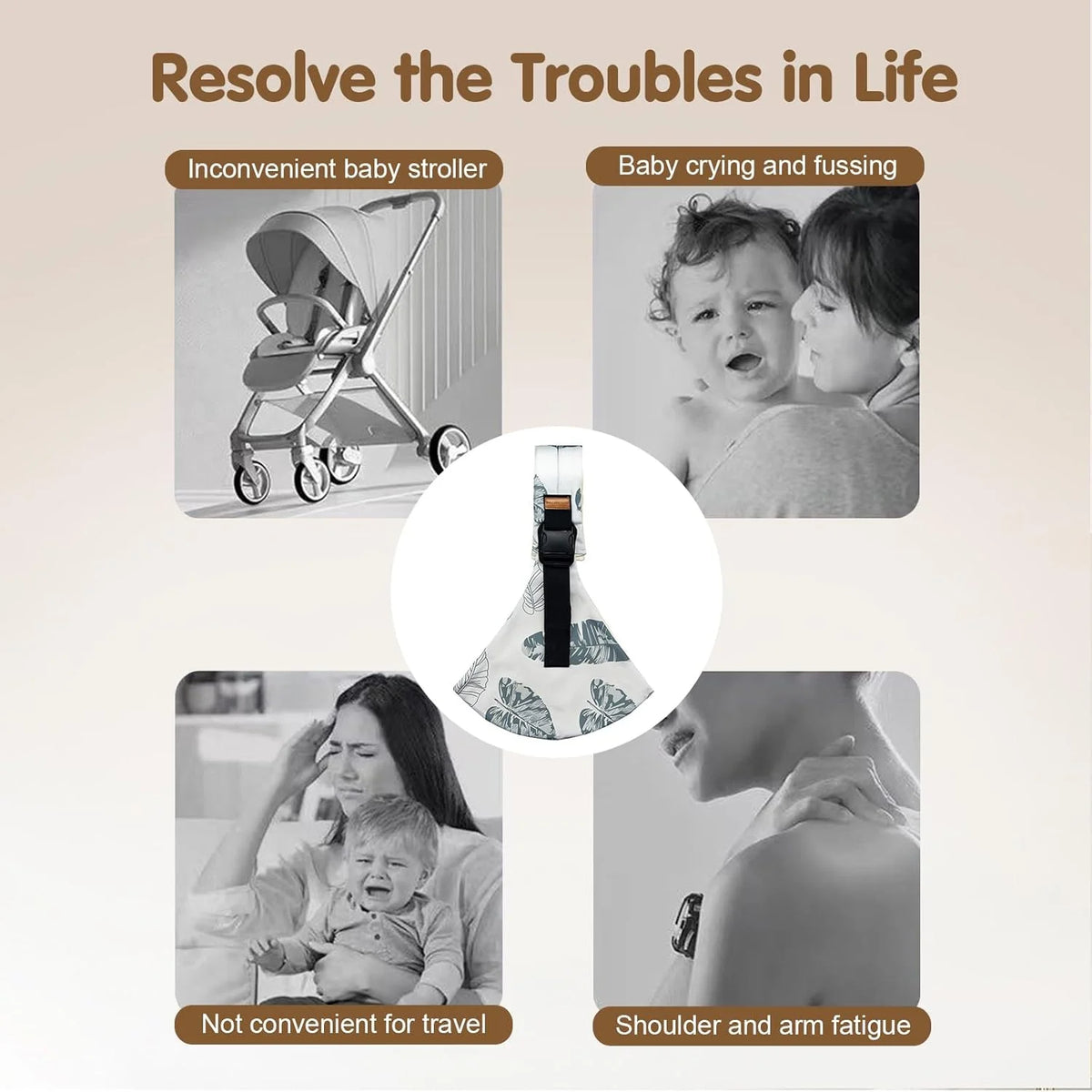 An ergonomic baby sling carrier shown in various contexts, including for dealing with an inconvenient stroller, baby crying, 