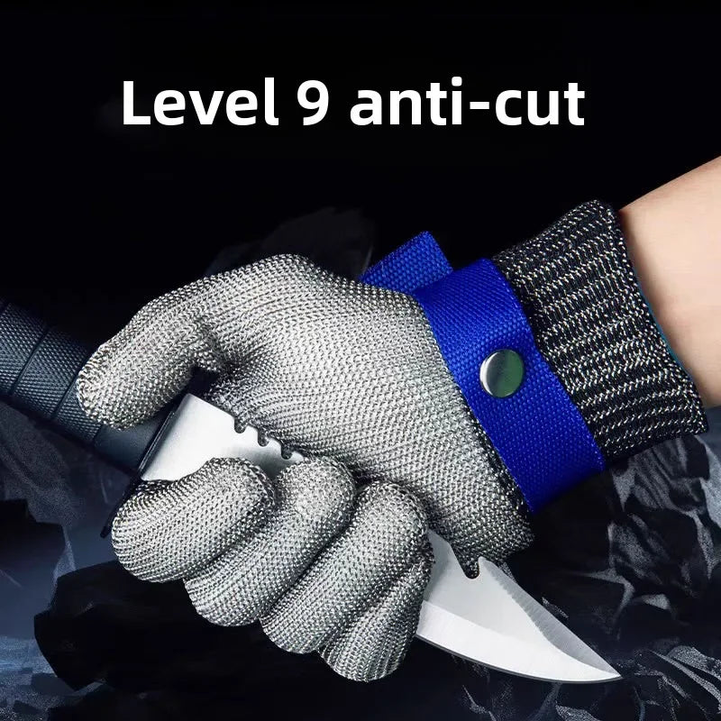 A hand wearing a Level 9 anti-cut stainless steel safety glove is holding a knife.
