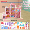A pink 4-floor dollhouse with accessories and dolls in random colors, featuring 11 rooms and 245 pieces.