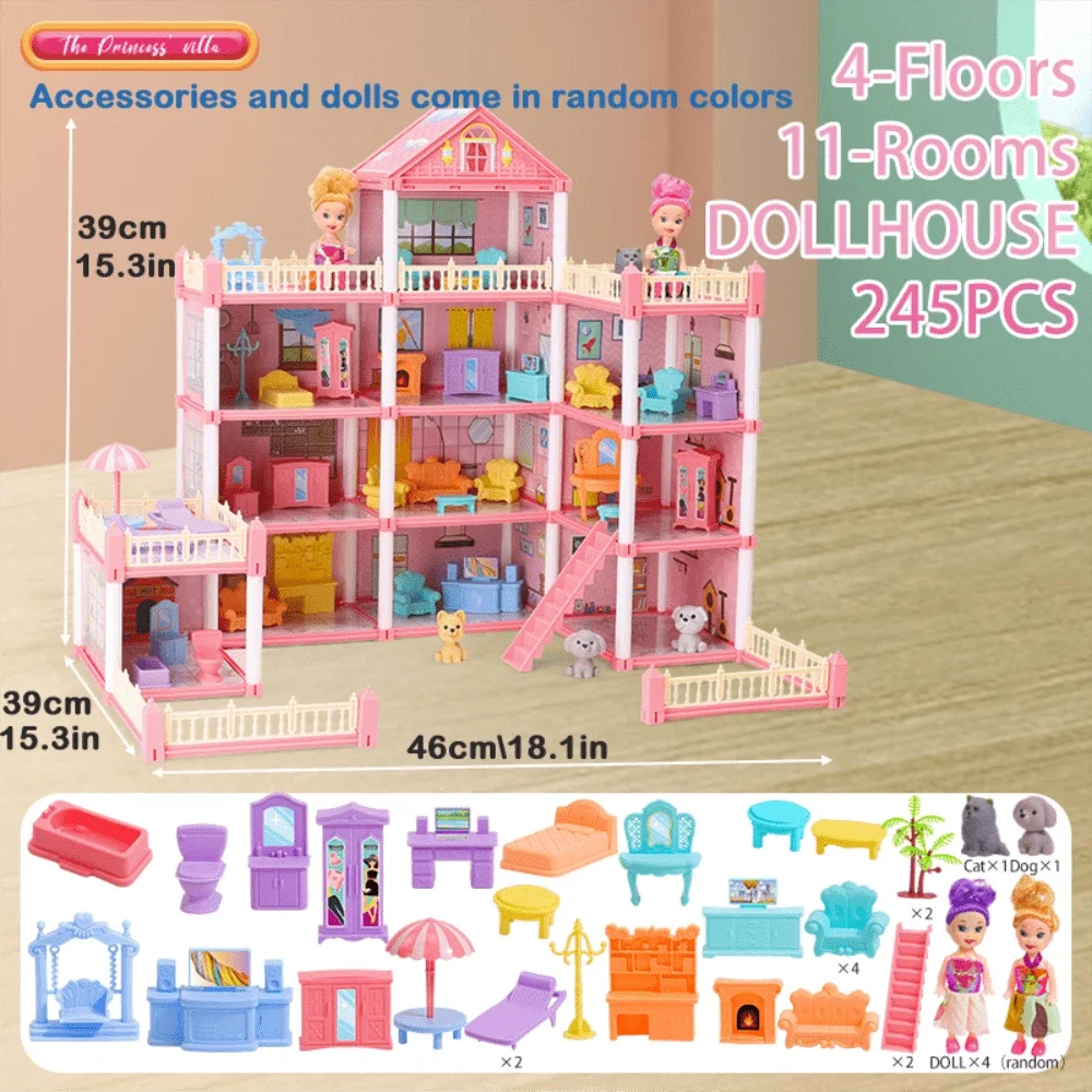 A pink 4-floor dollhouse with accessories and dolls in random colors, featuring 11 rooms and 245 pieces.