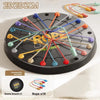 A black game board with ten colored ropes extending from the center, showing a puzzle challenge.