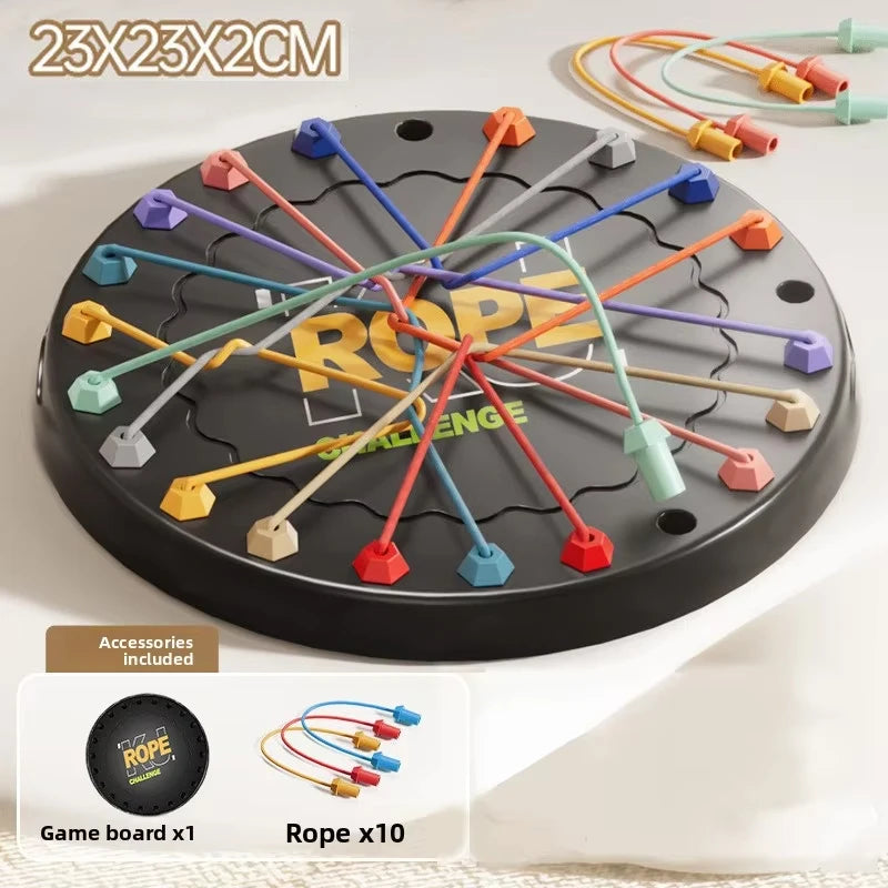 A black game board with ten colored ropes extending from the center, showing a puzzle challenge.