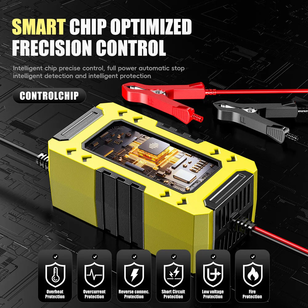 Chip inteligente amarillo para control de precisión, optimizado para carga automática de batería con diversas protecciones