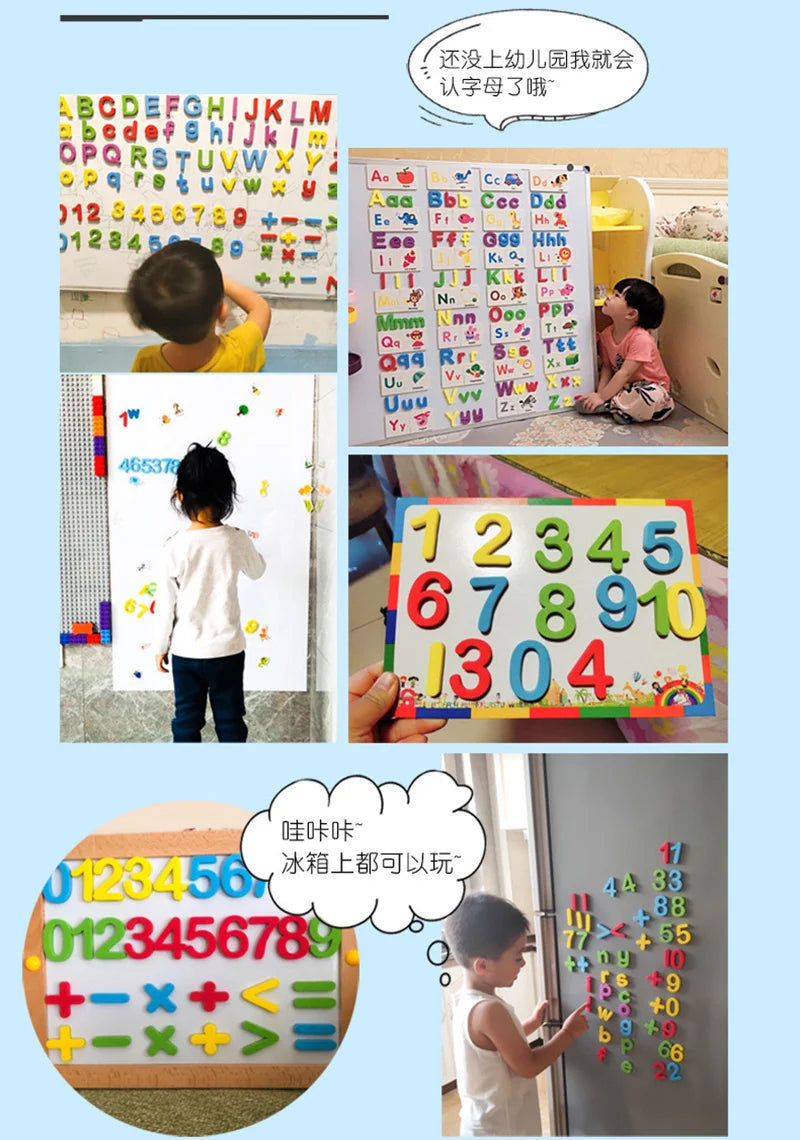 A magnetic alphabet learning set featuring letters and numbers displayed on a fridge, with a child interacting with the set.