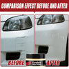 Comparison of a car headlight scratch before and after using a repair paste product.