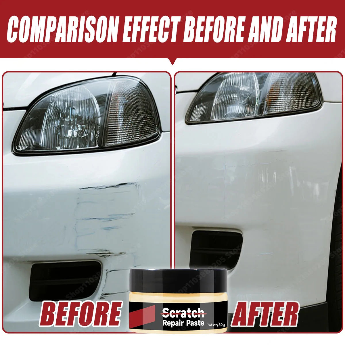 Comparison of a car headlight scratch before and after using a repair paste product.
