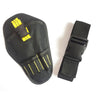 Black heavy-duty drill holster with a yellow strap and belt storage pocket