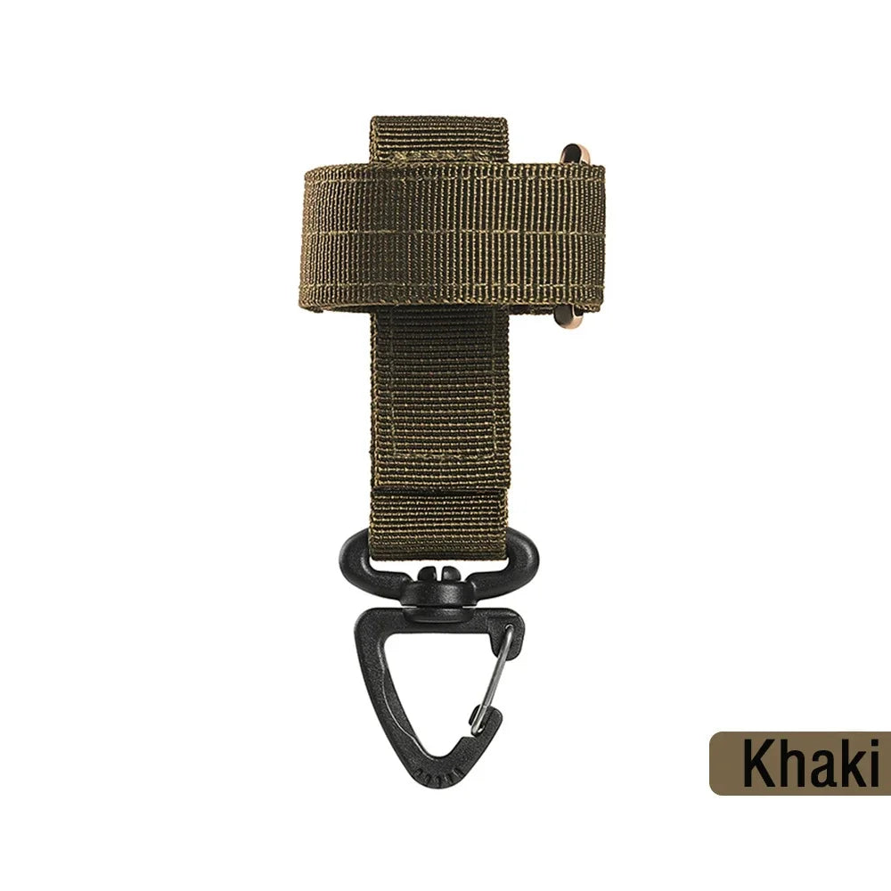A khaki nylon glove hook with an adjustable clip and strap.