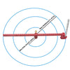 A red aluminum circle drawing ruler with markings showing a 300mm maximum and a 36.5mm minimum diameter.